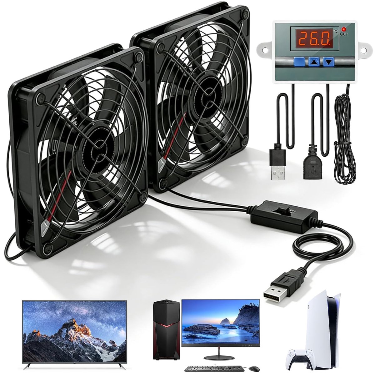 SnelShoppen - USB Fan 120mm met Digitale Temperatuur Controller, Dual Fan met 3 Instelbare Snelheden voor PS5, Laptop, TV Box, AV Kast, Router