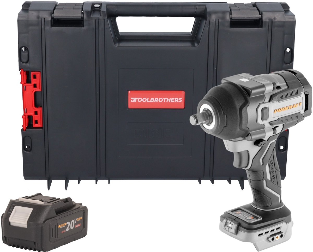 ProCraft Industrial IW850A-BB accu-slagmoersleutel 20 V 850 Nm 1/2" borstelloos + 1x accu 4,0 Ah + RHINO-gereedschapskoffer - zonder oplader