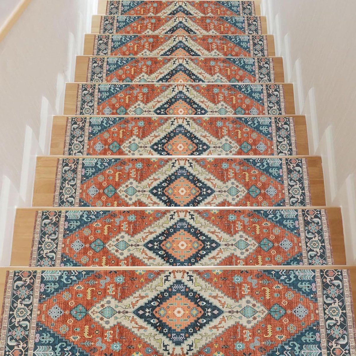 Antislip Trapmatten voor Binnen - Vintage Design 76 x 20 cm, Zelfklevend, Rubber Achterkant, Set van 15, Geschikt voor Houten Trappen, Oranje/Blauw