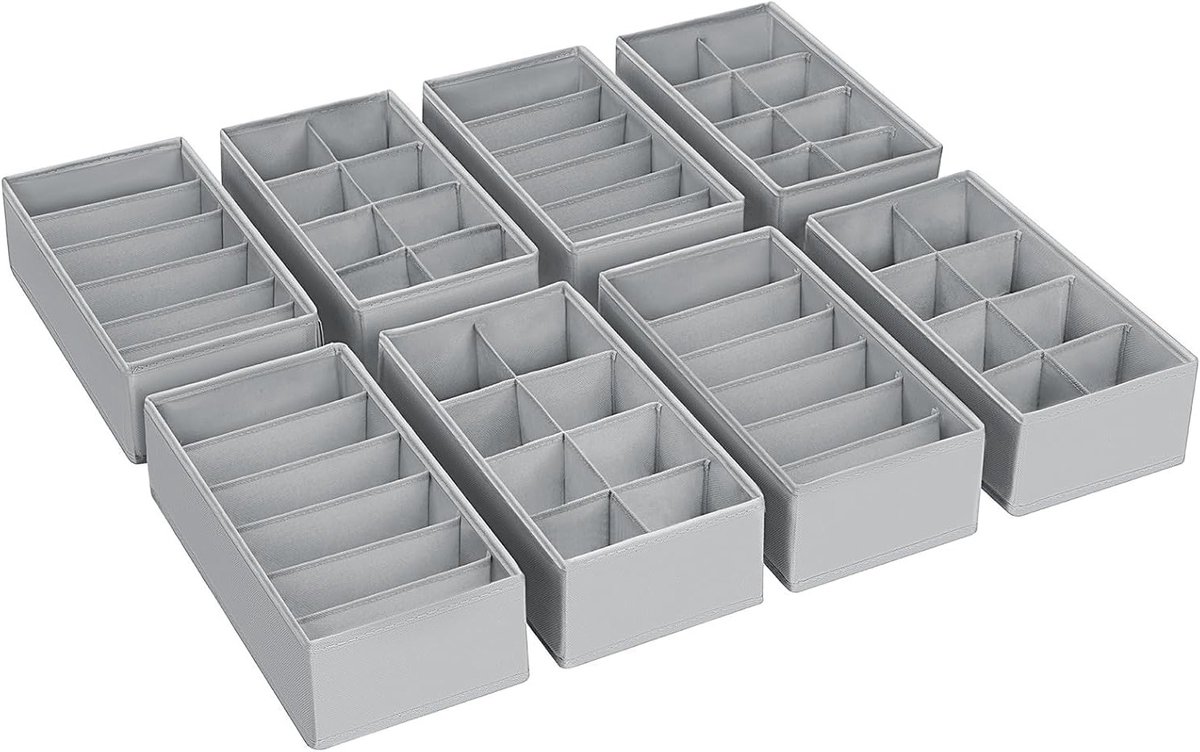 Lade-organizer voor kleding en accessoires, set van 8 stoffen organizers 30 x 15 x 9 cm, ideaal voor babykleding, sokken en ondergoed, grijs