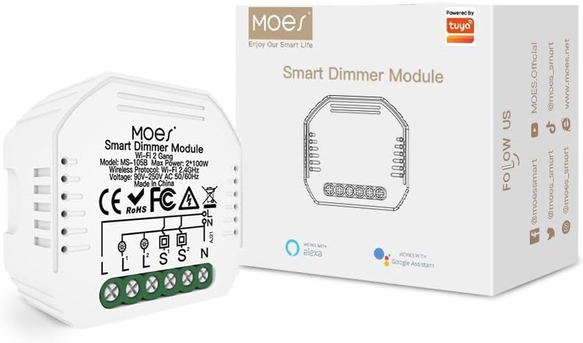 SnelShoppen - MOES Draadloze Licht Dimmer WiFi Slimme Relay Switch Mini voor Google Home en Alexa - 2 Snelheden, Geschikt voor UK/EU Wandcontactdozen,