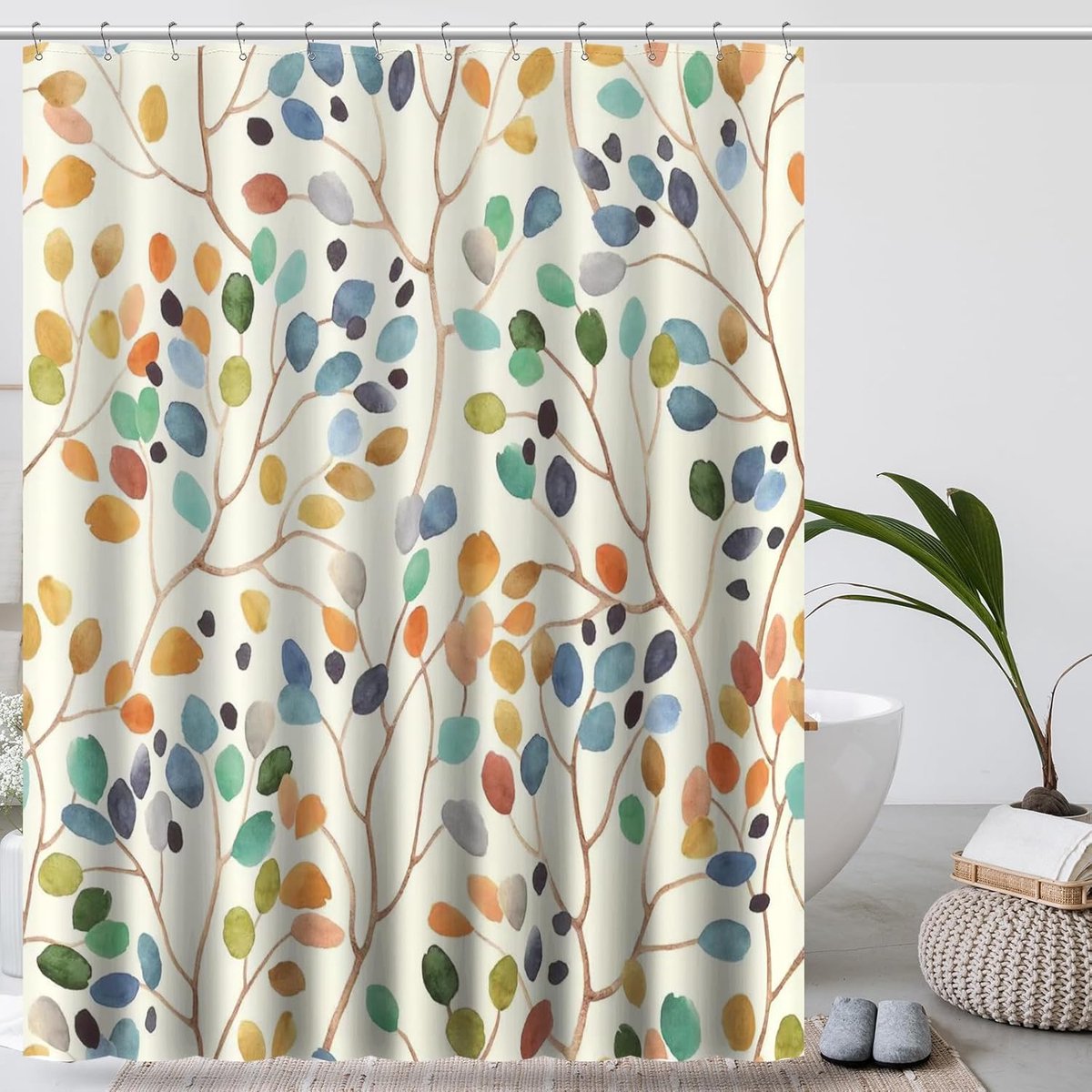 SnelShoppen - Amaredom Douchegordijn met Bloemenpatroon 180cm x 200cm - Kleurrijke Bladeren - Inclusief 12 RVS Haakjes - Badkamer Decoratie