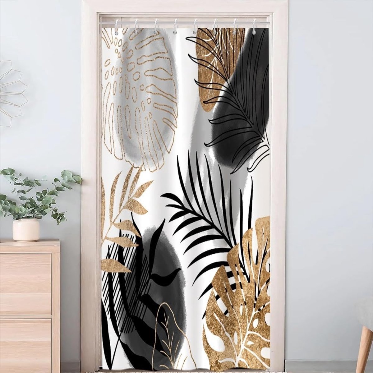 SnelShoppen - Douchegordijn 120 x 200 cm - Anti-Schimmel, Waterdicht, Wasbaar - Zwart-Geel Tropische Palmbladeren - Jungle Aquarel Stof - Inclusief 8