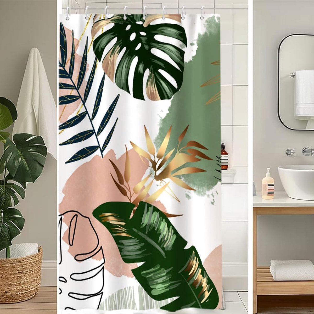 SnelShoppen - Douchegordijn 120 x 200 cm Schimmelbestendig Boho Stijl Roze Tropische Groene Palmbladeren Jungle Douche Gordijnen Stof Wasbaar Waterdic