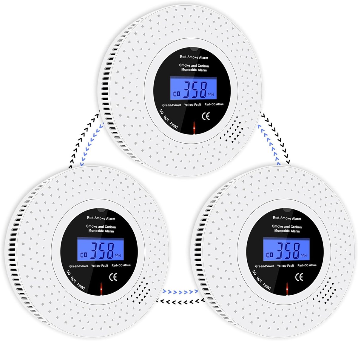 SnelShoppen - Set van 3 Draadloze Interconnected Rook- en Koolmonoxidemelder met LCD Display, Inclusief Vervangbare AA Batterij, Veiligheidsalarm voor