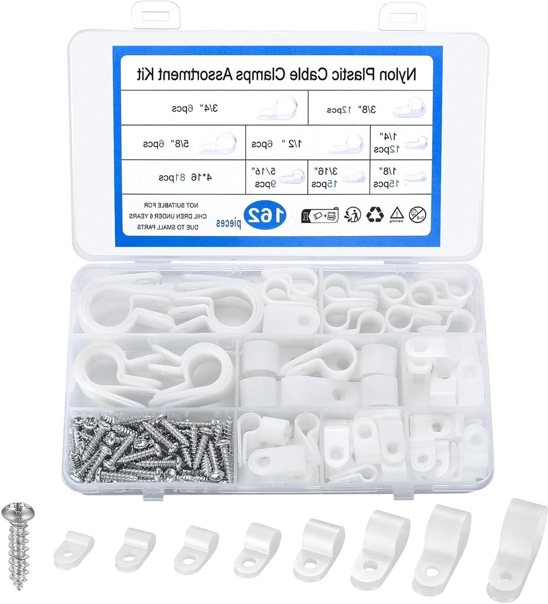 R-Type Kabelclips Set van 162 Stuks, Nylon Draadclips voor Kabelbeheer, Plastic Klemmen voor Thuis en Kantoor - 8 Maten in Wit voor Efficiënte Organisatie