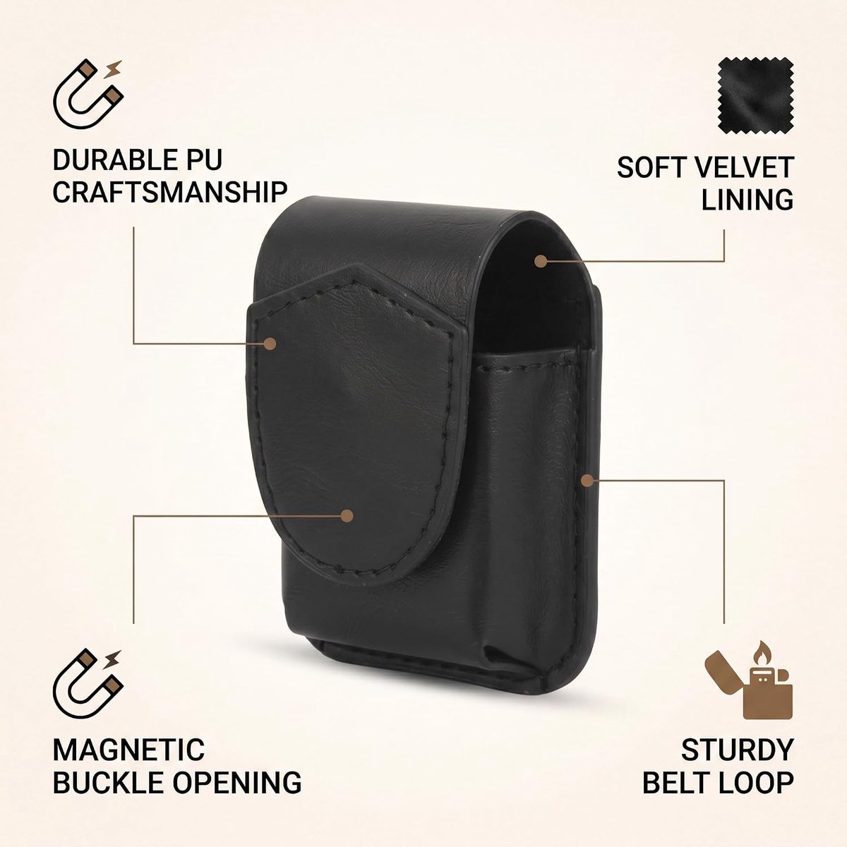SnelShoppen - Lighter Pouch met Magneetsluiting en Riemlus, PU Leren Heuptas voor Outdoor Hiking Camping Survival Gear, Zwart, Casual