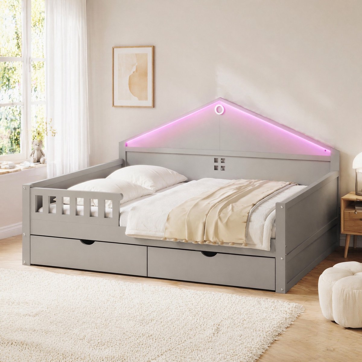 Kinderbed 140x200 cm - Eenpersoonsbed Met LED-Lichtstrip En 2 Schuifladen - Met Lattenbodem - Zonder Matras - Hout En MDF - Grijs