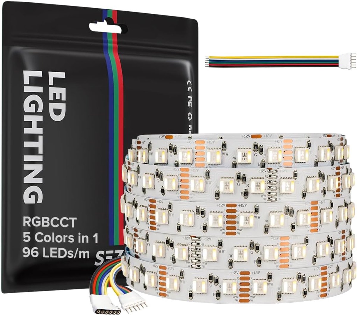 SnelShoppen - LED Strip Lighting 5in1 RGB+Warm White 3000K-6000K 12V 5M 96LEDs/M IP30 Non Waterproof Super Bright voor Thuis en Slaapkamer