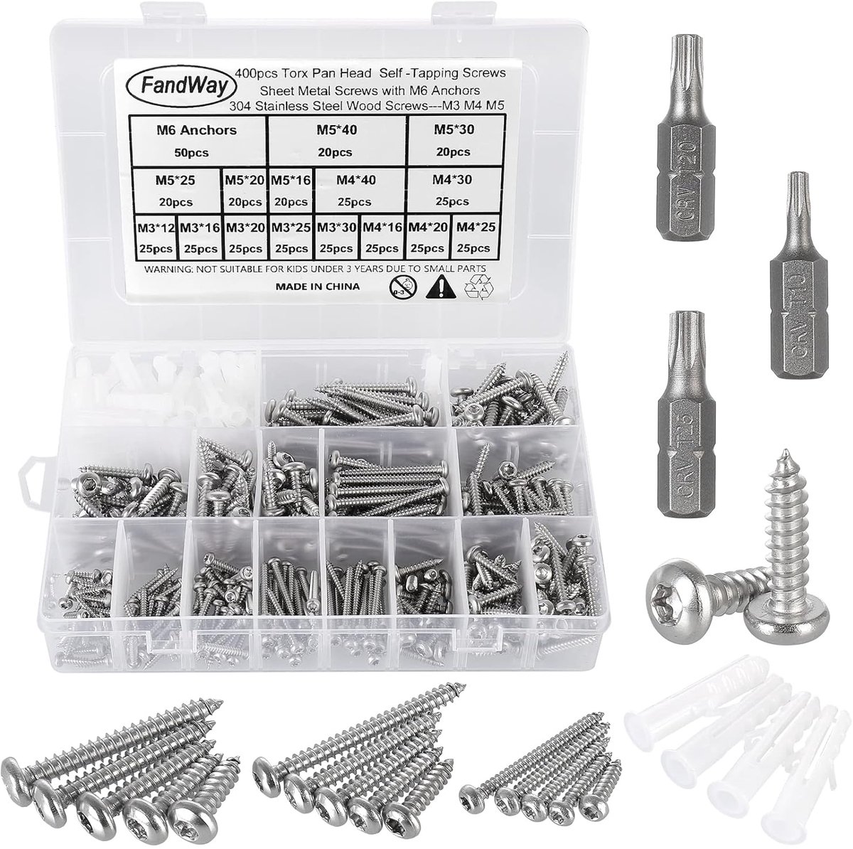 SnelShoppen - 400 Stuks Torx Zelftappende Schroeven, Ronde Kop, Roestvrij Staal A2-70, M3/M4/M5, Houtconstructies, Zelfborende Schroeven, Assortiment