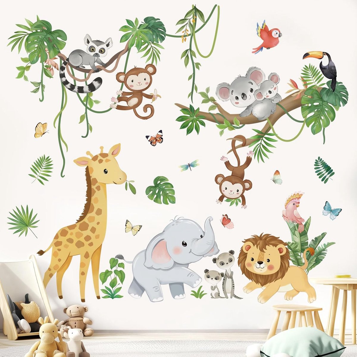SnelShoppen - Jungle Dieren Wandstickers - Olifant, Leeuw, Giraffe, Aap - Muurstickers voor Babykamer, Kinderkamer - Zelfklevend PVC, Waterdicht, Herb
