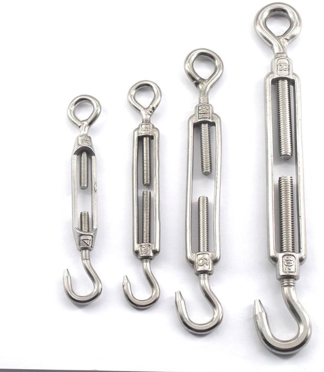 RVS Turnbuckle met Haak en Oog voor Touwspanning, M10, Verstelbare Spanning, Duurzaam en Corrosiebestendig