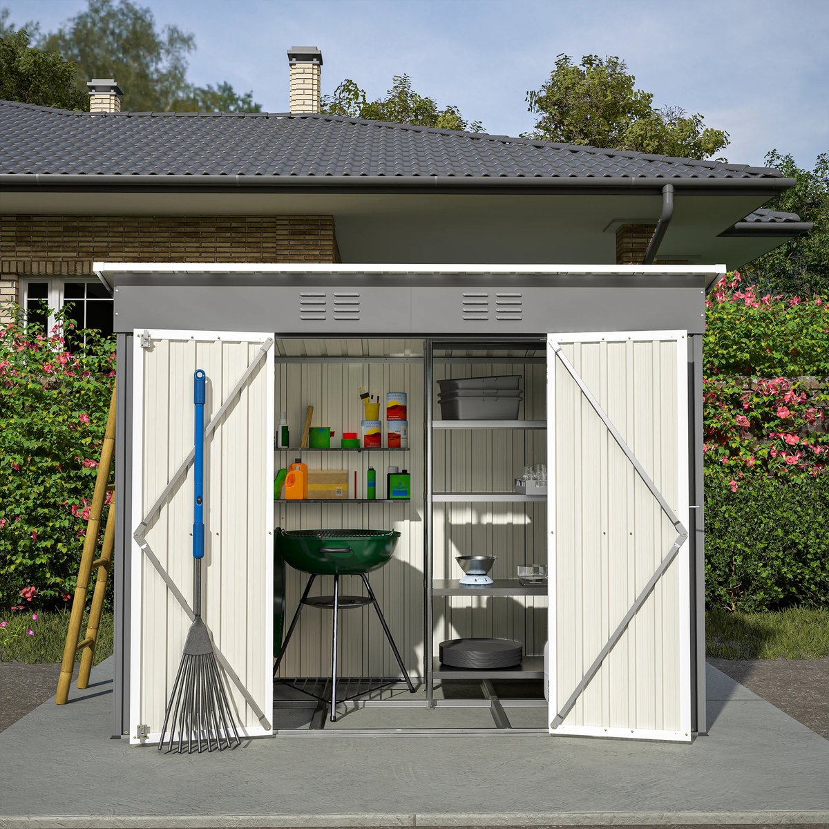 Brandistry - Tuin Huis - Metalen Tuin Huisje - Tuinberging - Waterdicht - 242x126x182CM - Metalen Fundering - Zonder Vloer - Grijs