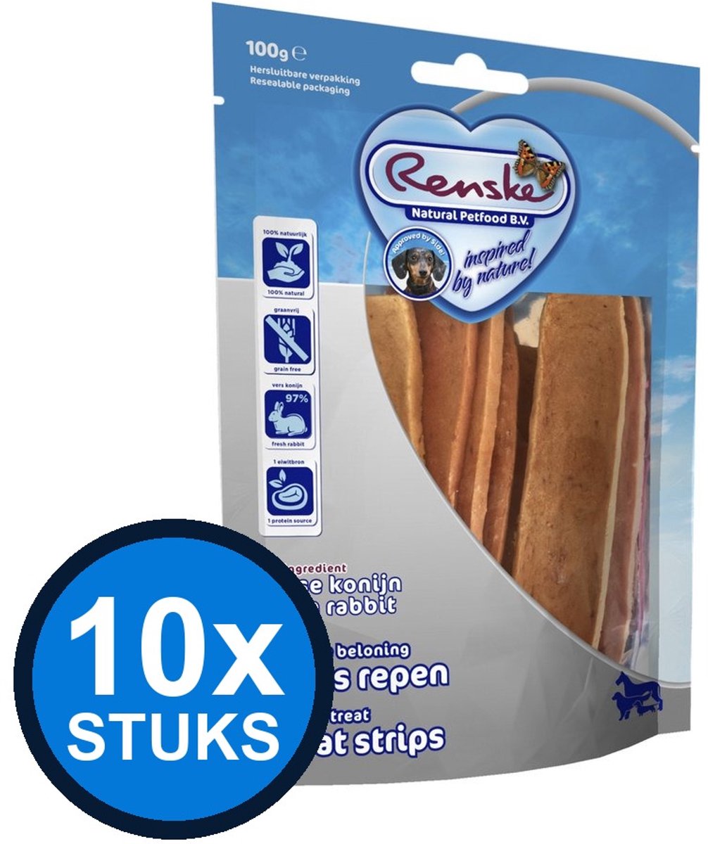 10x Renske - Gezonde beloning vleesrepen hond konijn 100gr - Hondenvoer Snacks - 100 g