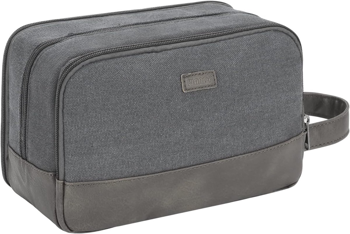 SnelShoppen - Toilettas voor Mannen - Reistas - Waterafstotende Vegan Leer - Droog-Wet Scheiding - Grote Canvas Dopp Set - Grijs - Voor Reizen, Campin