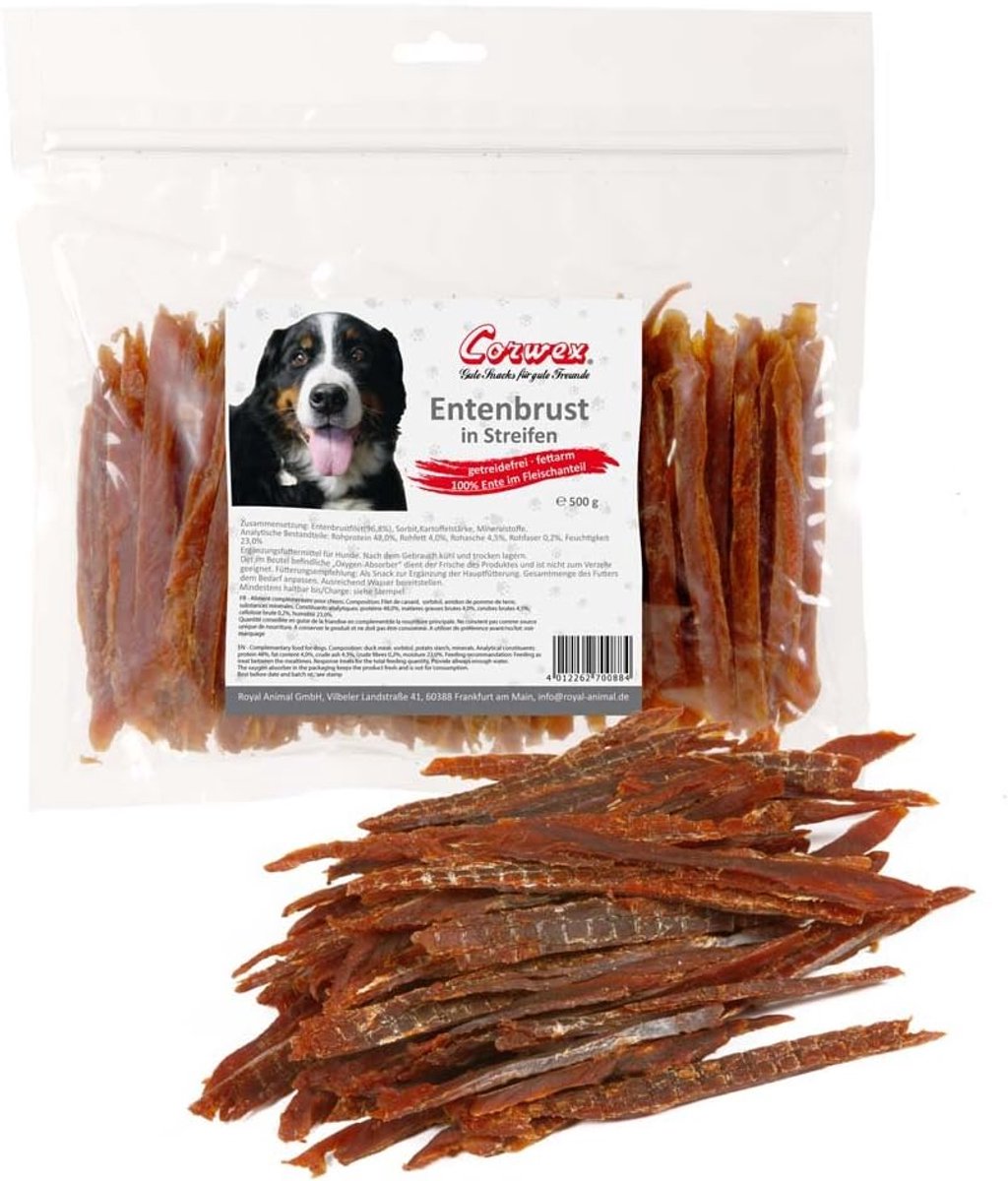 SnelShoppen - Corwex Premium Chew Strips 500 g - Eendenborst Snacks voor Honden - 100% Vlees, Graanvrij, Laag in Vet, Kauwsnacks, Zacht Luchtgedroogd