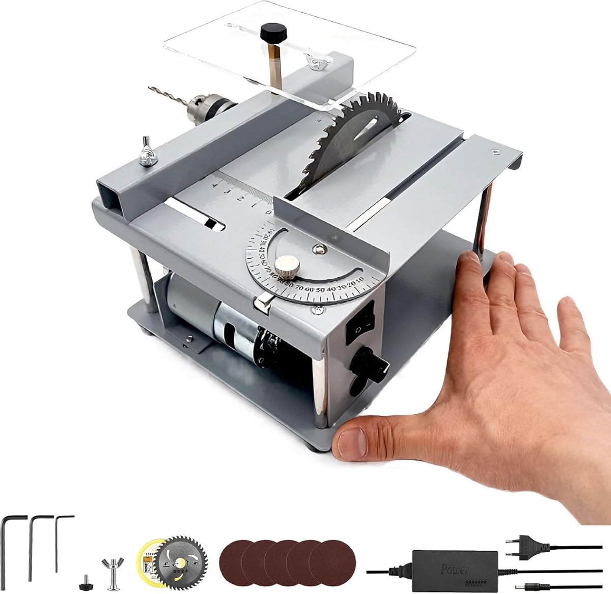 SnelShoppen - Mini Tafel Cirkelzaag met 3 Bladen, 90W Draagbare Precisie Zaag voor Hobby's, 4500rpm Multifunctionele Miniatuur Tafelzaag voor Houtbewe