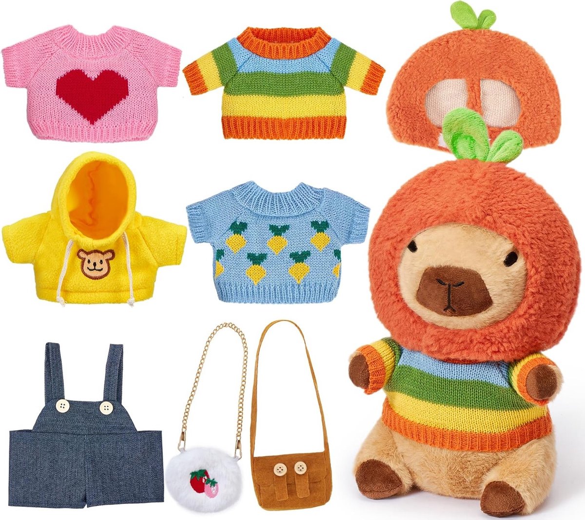 Schattige Capybara Knuffel voor Kinderen vanaf 3 Jaar, 25 cm met 5 Kledingstukken, Hoed en 2 Zakjes, Perfect als Verjaardagscadeau en Speelgoed voor Creatieve Spelletjes