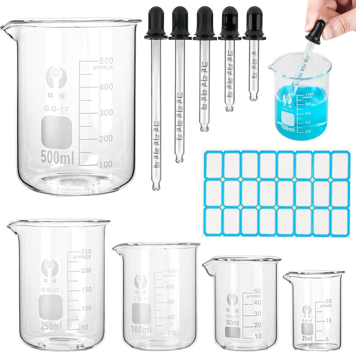 SnelShoppen - Set van 5 glazen maatbekers 25ml/50ml/100ml/250ml/500ml van borosilicaatglas met druppelpipetten en labstickers voor nauwkeurig meten in