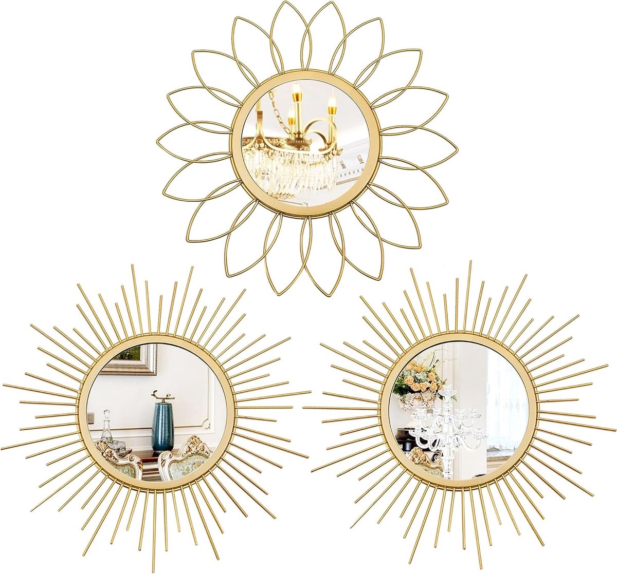 SnelShoppen - Set van 3 Gouden Wandspiegels met Metaal en Zonneffect - Wanddecoratie voor Woonkamer, Slaapkamer, Entree, Modern en Klassiek Design