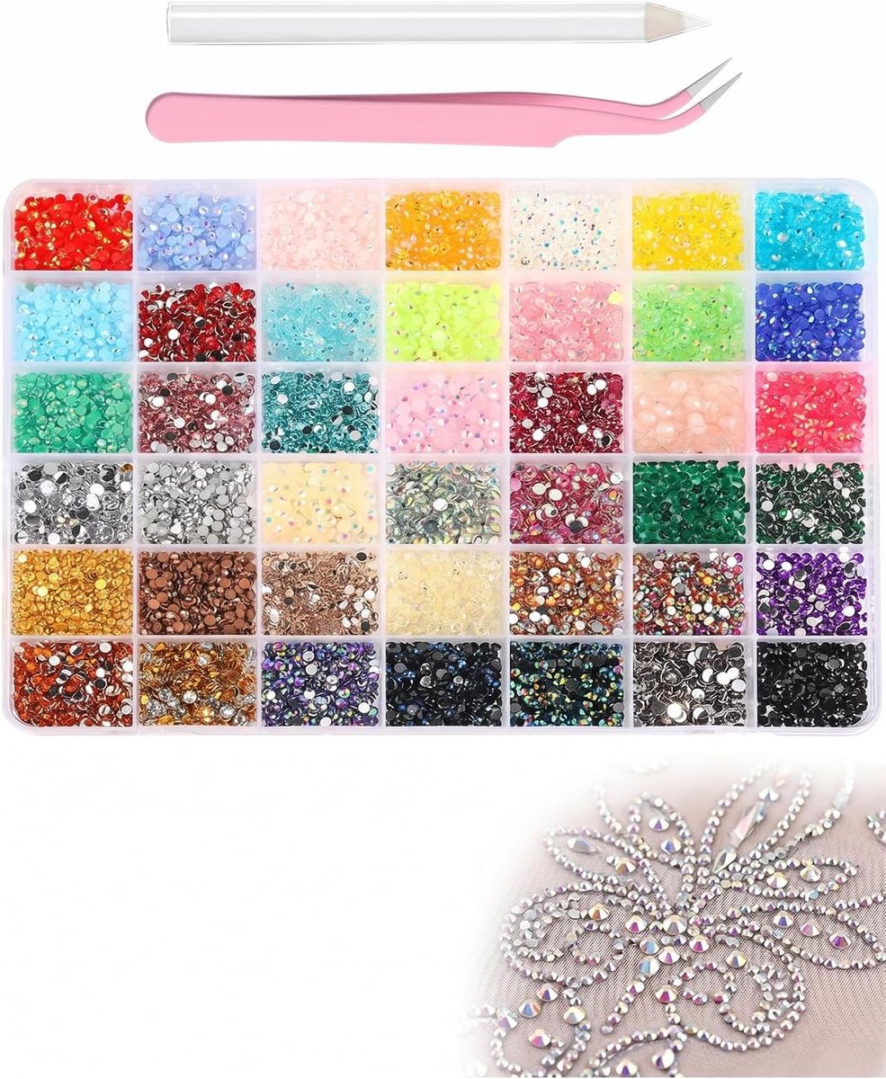 SnelShoppen - 24 Kleuren 3 mm Rhinestones Set met Tangen, Wax Pen en Lijm, Shiny Steentjes met Platte Achterkant voor Nail Art, Kleding en DIY Creatie
