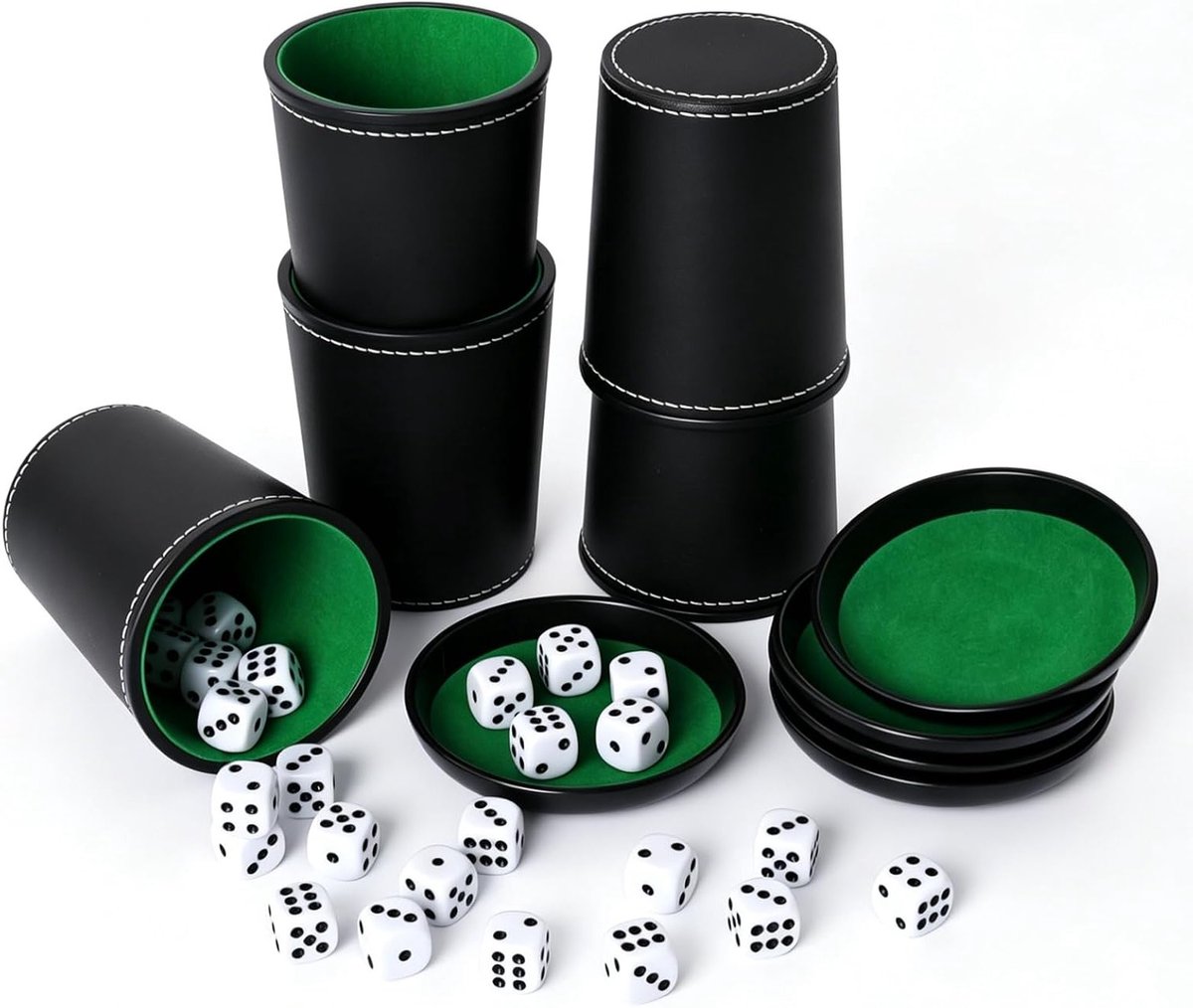 Dobbelbekerset met 5 dobbelbekers, 5 deksels en 25 dobbelstenen voor spellen en feestjes, ideaal voor barparty's en speelavonden (zwart)
