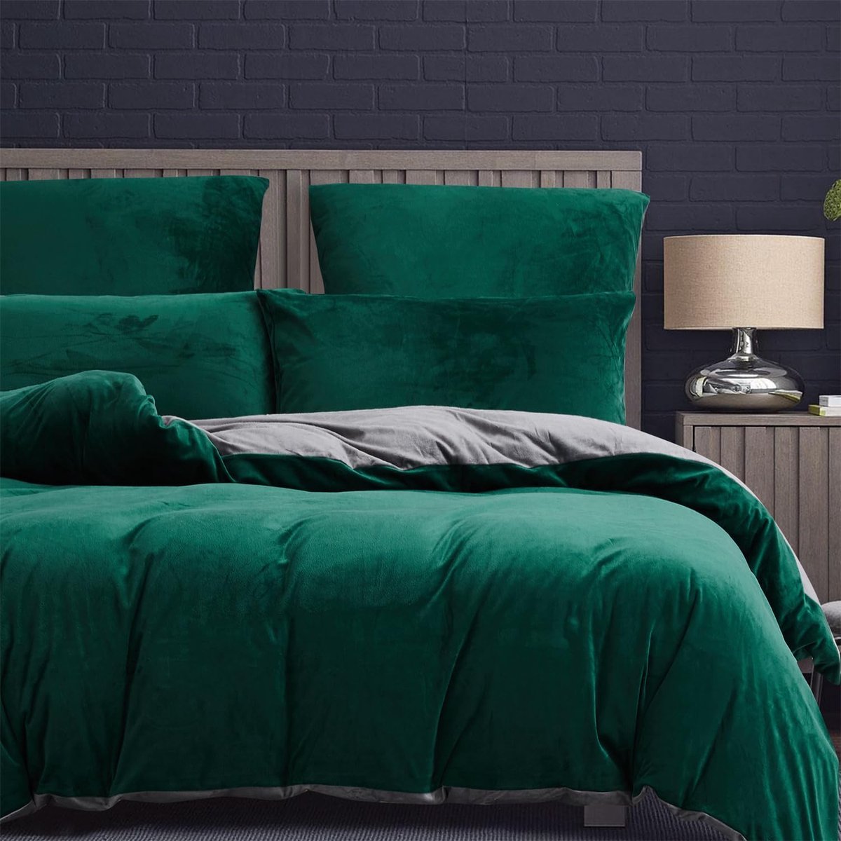 SnelShoppen - Warm Plush Beddegoed Set 220 x 200 cm, 3-delig, Duvet Cover met Rits, Fluffy Fleece & Cashmere Effect, Donkergroen, Grijs, Ideaal voor C
