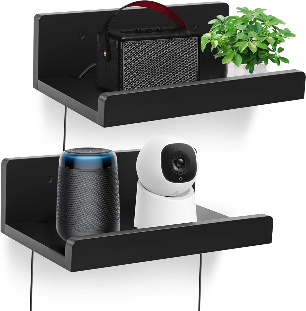 Set van 2 zwevende wandplanken van massief hout met kabelopeningen voor router, webcam en smart speaker – Zwart