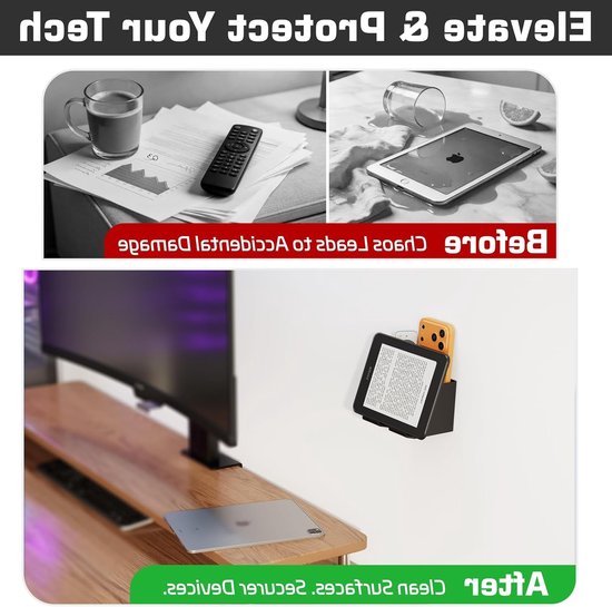 Wandhouder en organizer voor tablet en telefoon, 2-in-1 design met opbergdoos, geschikt voor iPad, Samsung Tab en Kindle, stevig ABS met EVA anti-slip pad, zwart — afbeelding 5