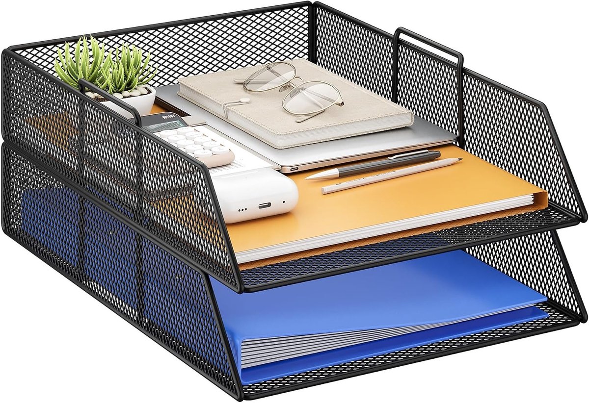 Stapelbare bureau-organizer met 2 niveaus, multifunctionele papier- en documentenhouder voor een opgeruimd bureau, zwart
