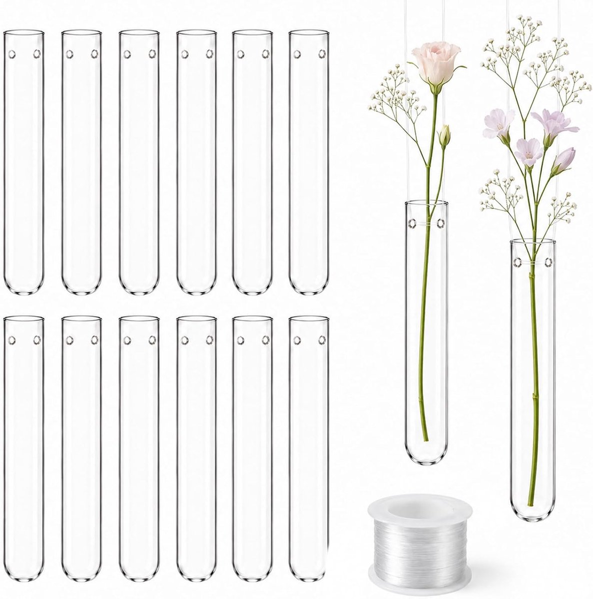 SnelShoppen - Reageerbuisjes voor Bloemen 20 x 100 mm - Hangvazen van Borosilicaatglas - Inclusief 7,6 m Ophanglijn - Decoratieve Bloemenvazen voor Br