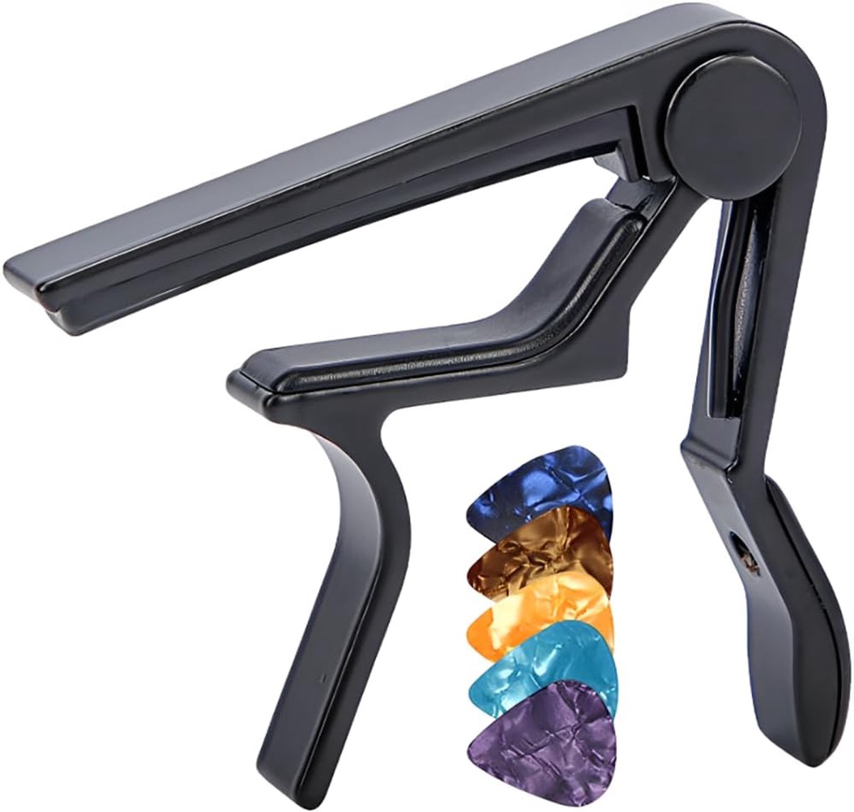 SnelShoppen - Gitaar Capo met 5 Plectra - Snelle Ontgrendeling Capotasto Klem voor Klassieke Gitaar, Elektrische Gitaar, Ukulele, Bas - Zwart