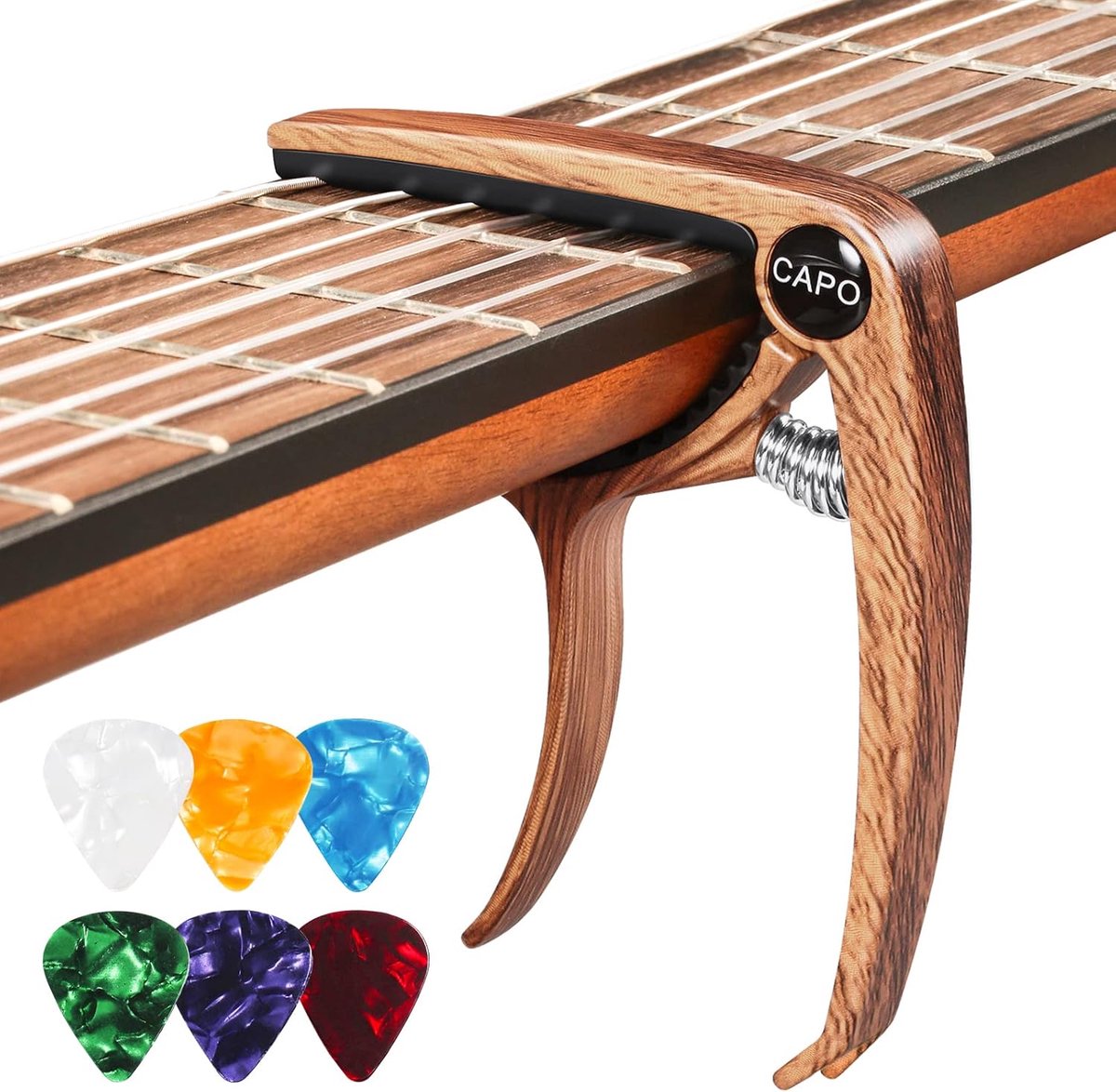 SnelShoppen - Capodaster voor Gitaar met 6 Picks - Hoogwaardige Metal Capo voor Western Gitaar, Elektrische Gitaar en Ukulele, U-vormig Ontwerp, Compa