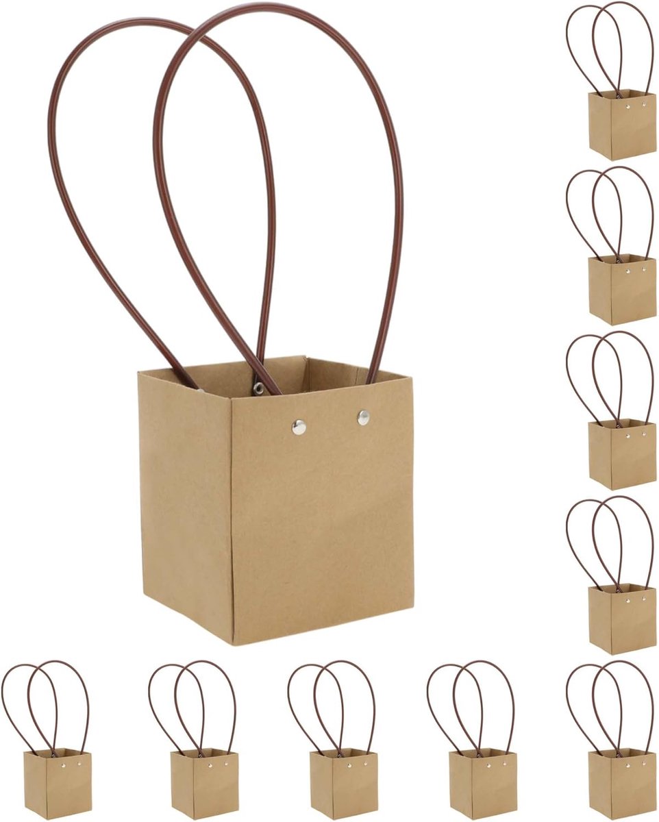 SnelShoppen - 10 stuks bloemenzakken met handvat, boeketzakken geschenkverpakking 11x11x13 cm, geelbruin, perfect voor verjaardag, Kerstmis, Moederdag