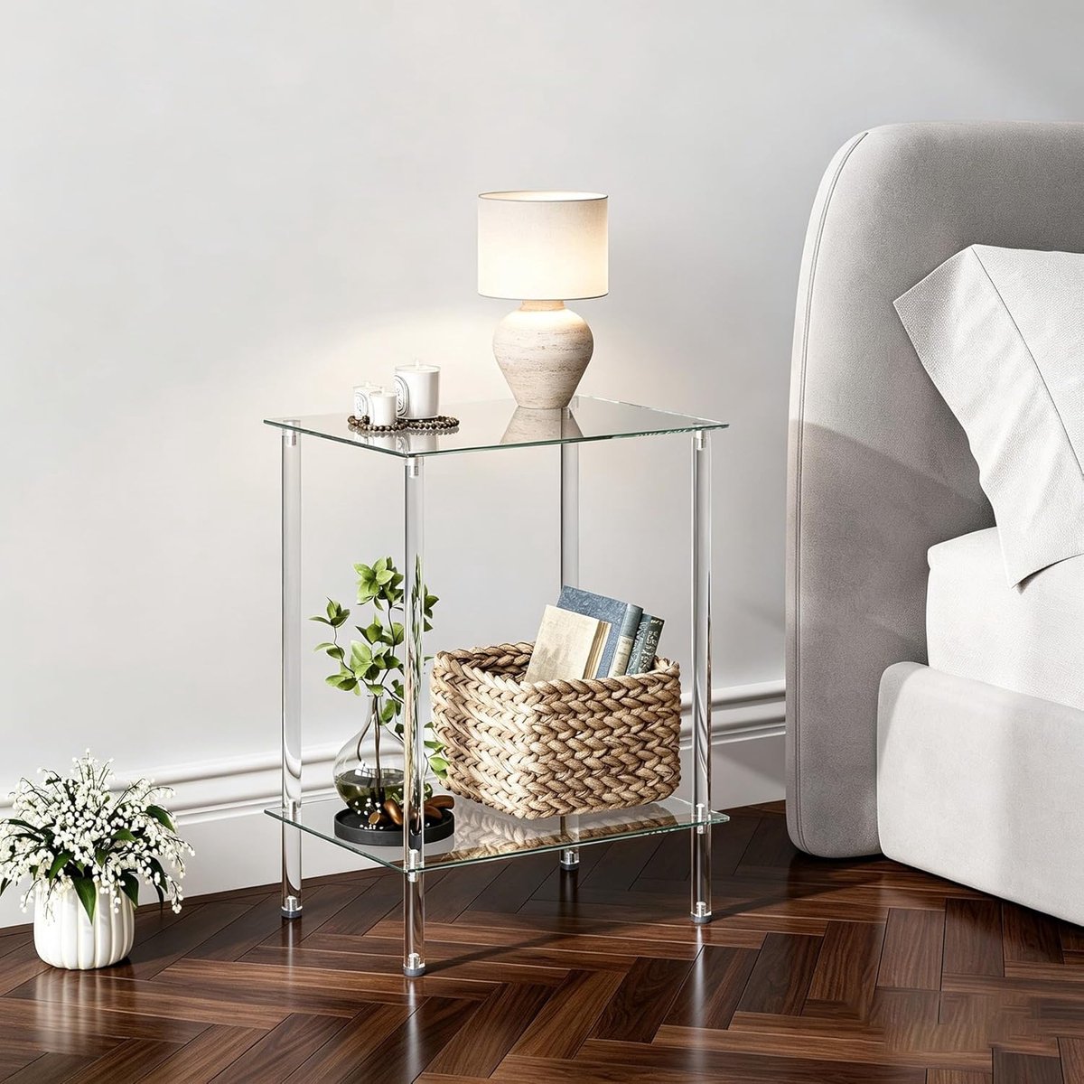 SnelShoppen - Bijzettafel Glas Vierkant Transparant Nachtkastje - Mobiele Glazen Tafel met 2 Planken - Stabiliteit Wackelfrei - Ideaal voor Woonkamer,