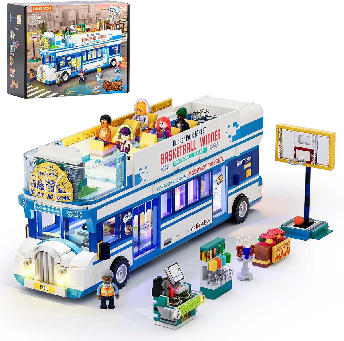 SnelShoppen - Lumibricks Streetball Tour Bus Bouwset met Verlichting, Modulaire Basketball Team Bus met 1 Basket, Cadeau voor Basketball en Bouwblok F