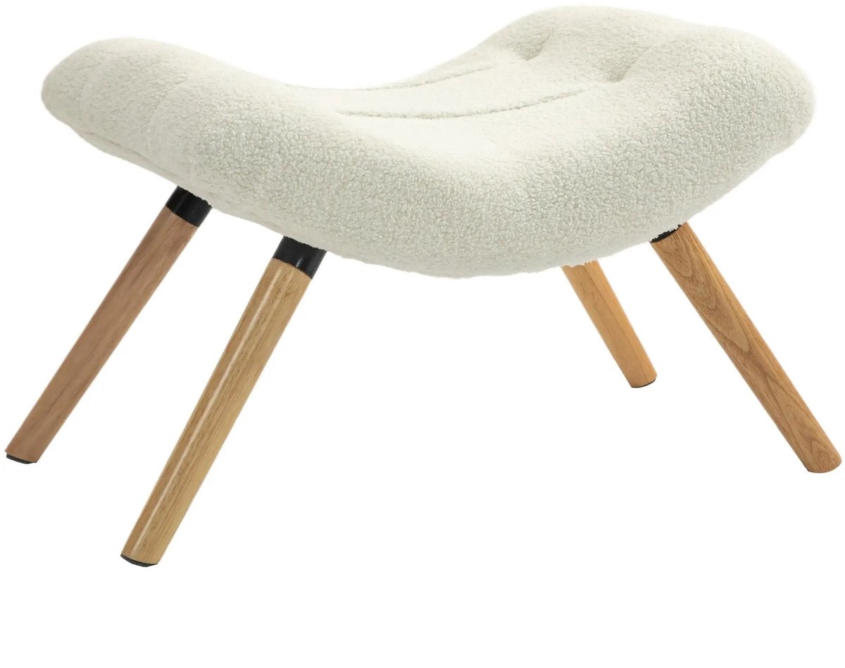 Emvae Poef - Kruk - Voetenbankje - Zitkruk - Zachte Berber Fleece Bekleding - Houten Poten - 67x45x38 cm - Crèmewit
