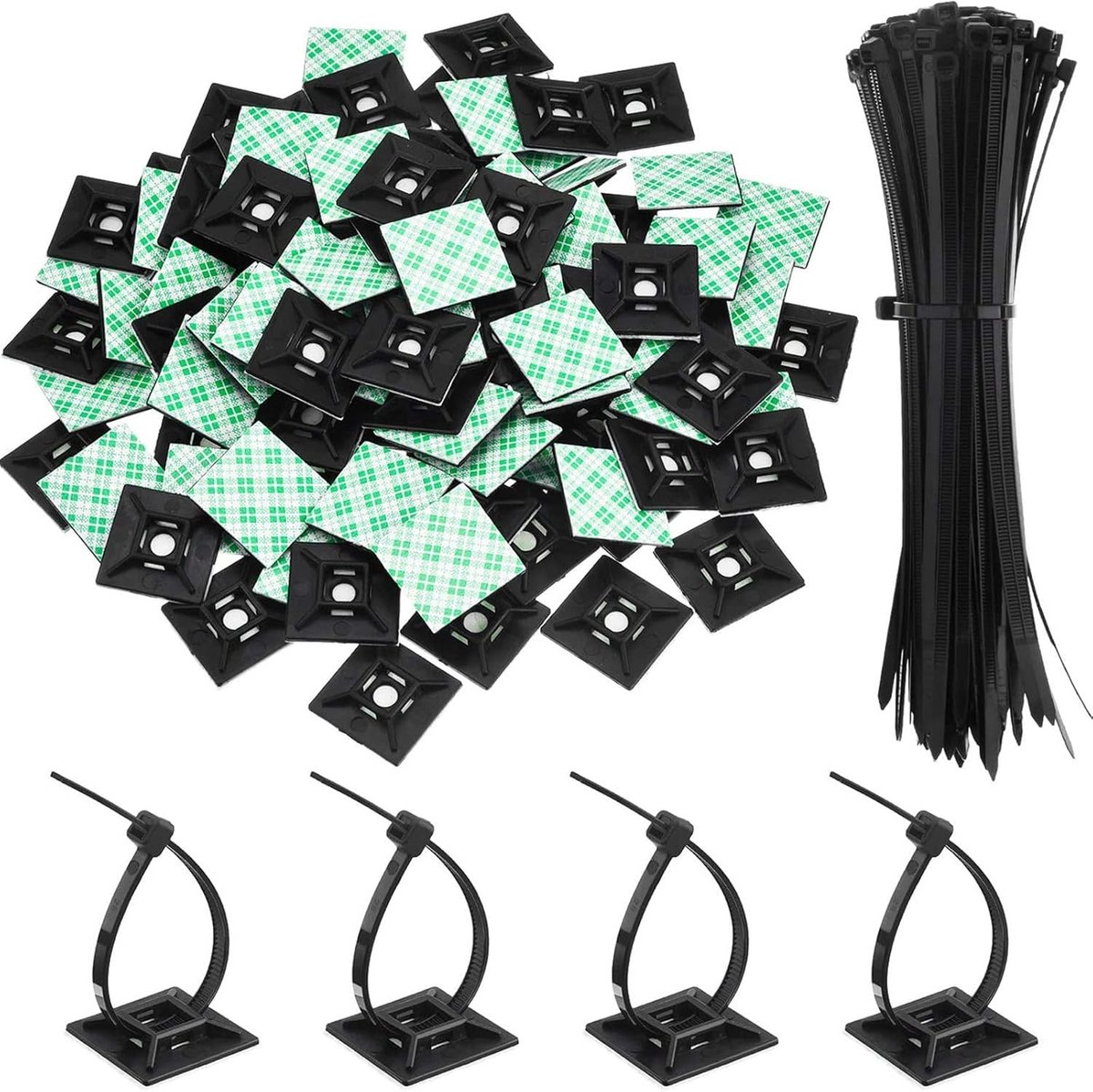 SnelShoppen - 200 Stuks Zwarte Zelfklevende Kabelbinders Set met Zip, 100 Adhesieve Kabelbinders en 100 Kabelbeugels voor Thuis, Kantoor, Garage en Me
