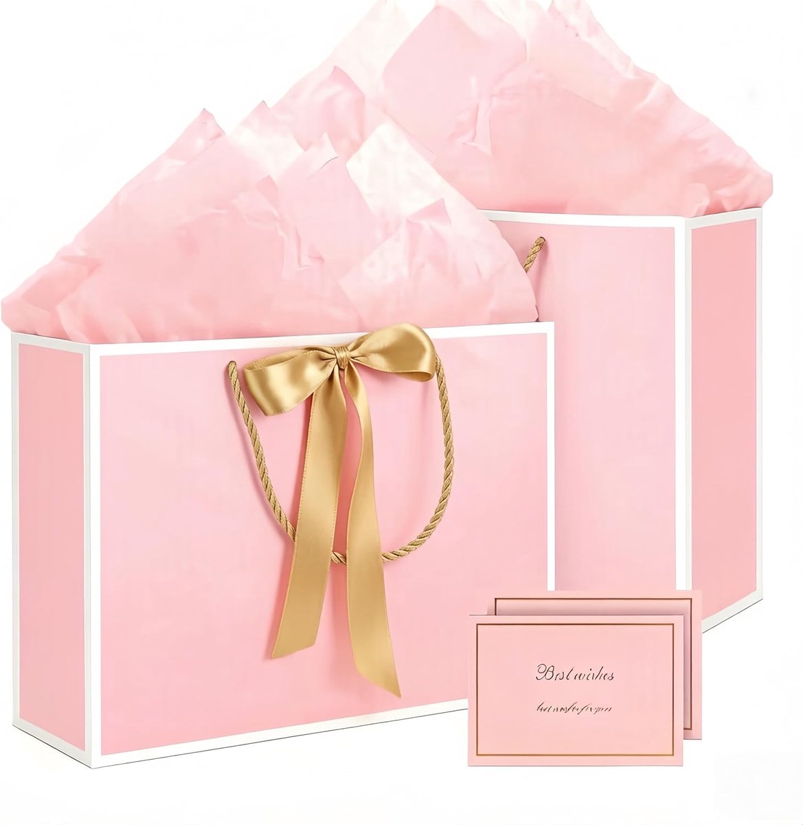 SnelShoppen - 2x Medium Roze Cadeauzakken met Handvatten, 4 Vellen Inpakpapier en 2 Kaarten, Papieren Cadeauzakken voor Vrouwen, Valentijnsdag, Verjaa