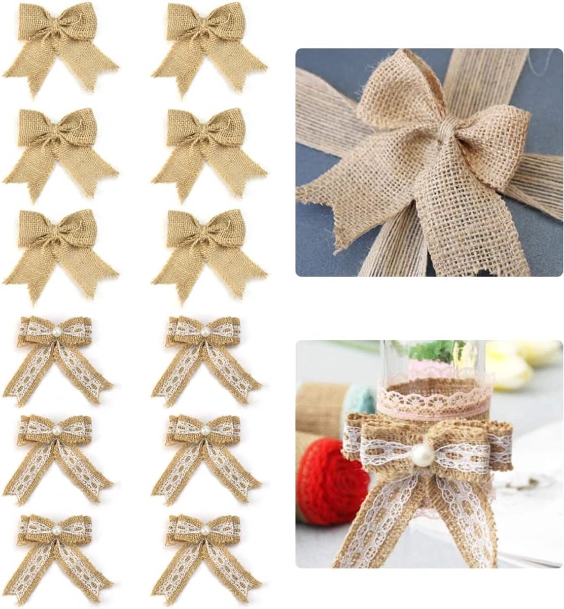 SnelShoppen - 12x Jute Bogen Kerst Bogen voor DIY Decoratie, Natuurlijk Linnen, Perfect voor Feest, Bruiloft, Cadeaus, Burlap Bows, 2 Stijlen