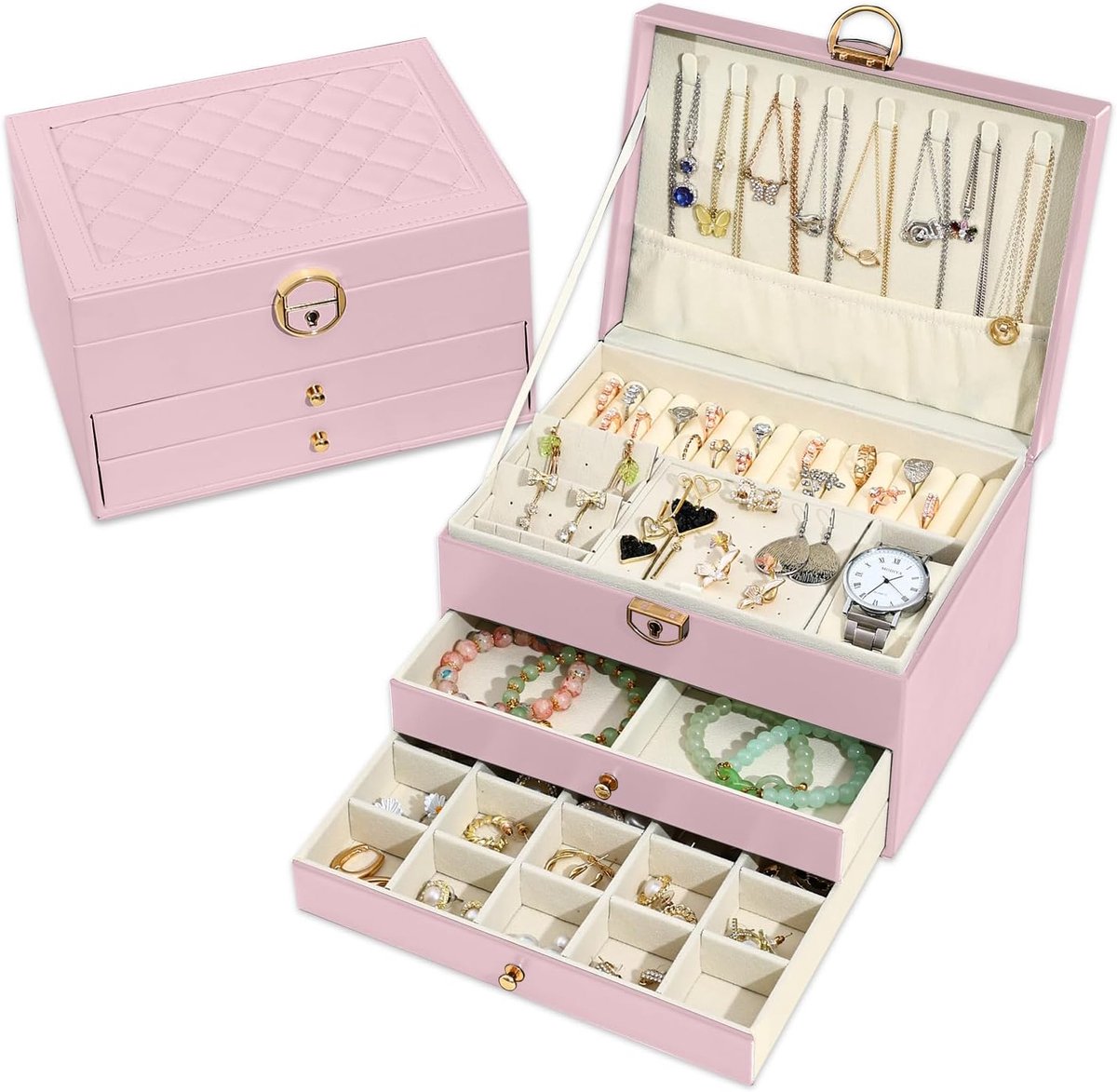 SnelShoppen - 3-laagse Sieradenbox met 2 Lades - Luxe Roze Juwelen Opbergdoos van Hoogwaardige Materialen - Perfect voor Opslag van Sieraden, Oorbelle
