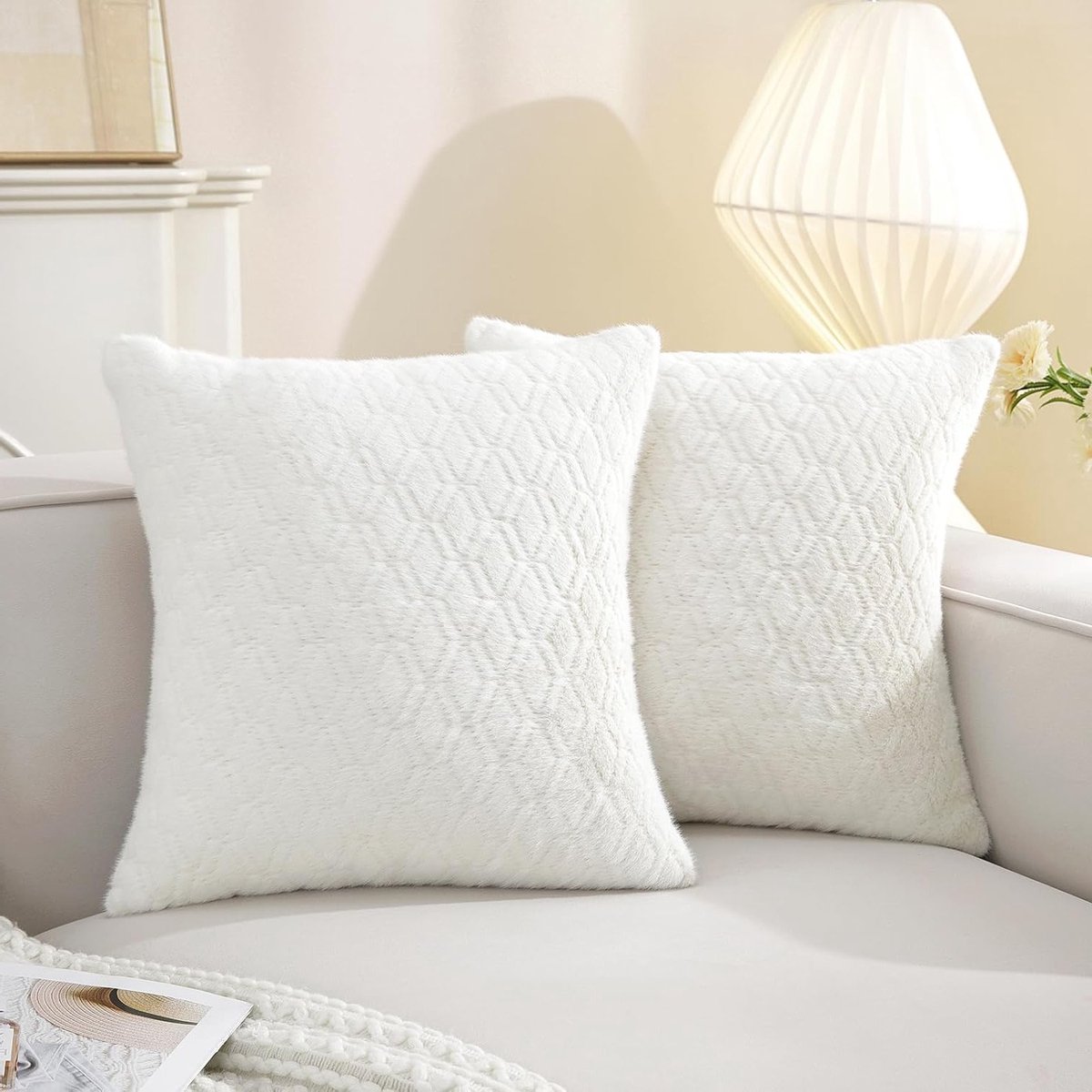 Set van 2 Kussenslopen 60x60 cm, Chenille Kussenhoezen van Super Zacht Pluizig, Decoratieve Kussenhoezen met Verborgen Ritssluiting en Ruitpatroon voor Bank en Slaapkamer, Wit en Comfortabel