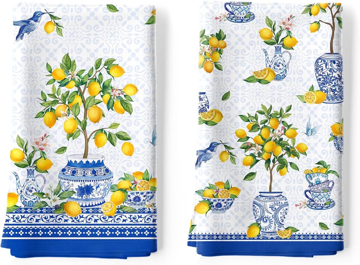 SnelShoppen - Lemon Keukenhanddoeken 100% Katoen Sneldrogend 48x70cm Chinoiserie Stijl Set van 2, Absorberende Afwasdoeken voor Keuken, Huishouddecora