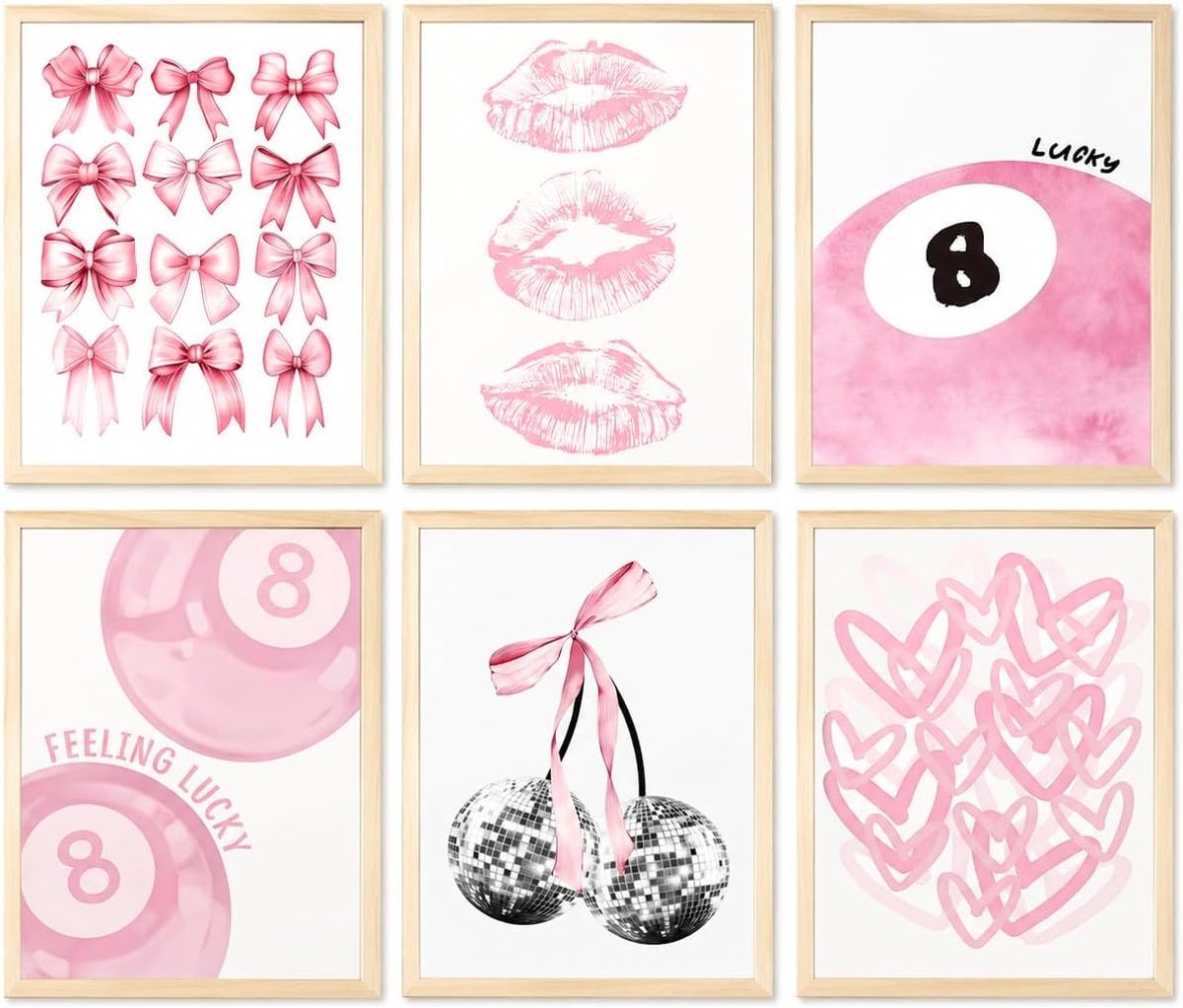SnelShoppen - Coquette Trendy Poster Set - Lichtroze Lucky 8 Ball Pastel Wanddecoraties - Clean Girl Aesthetic Kamerdecor 20x30CM - Esthetische Decora
