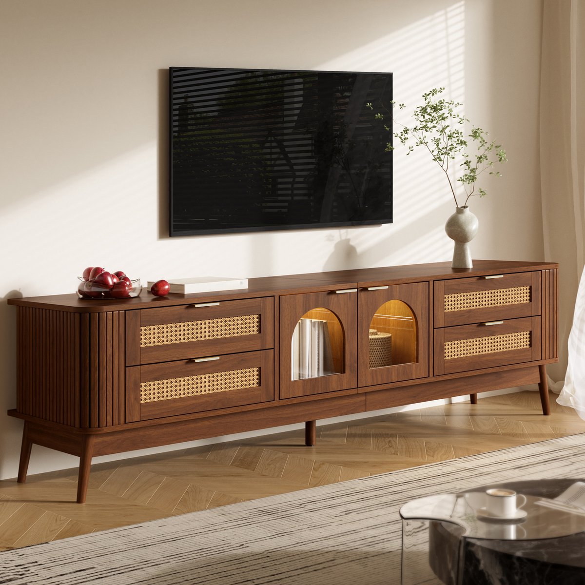 HAUSS SPOLE Dressoir - Met App-Gestuurde Ledverlichting En Vier Lades - Voor Woonkamer En Tv-Opstelling - Spaanplaat - 180x40x50 Cm - Walnoot