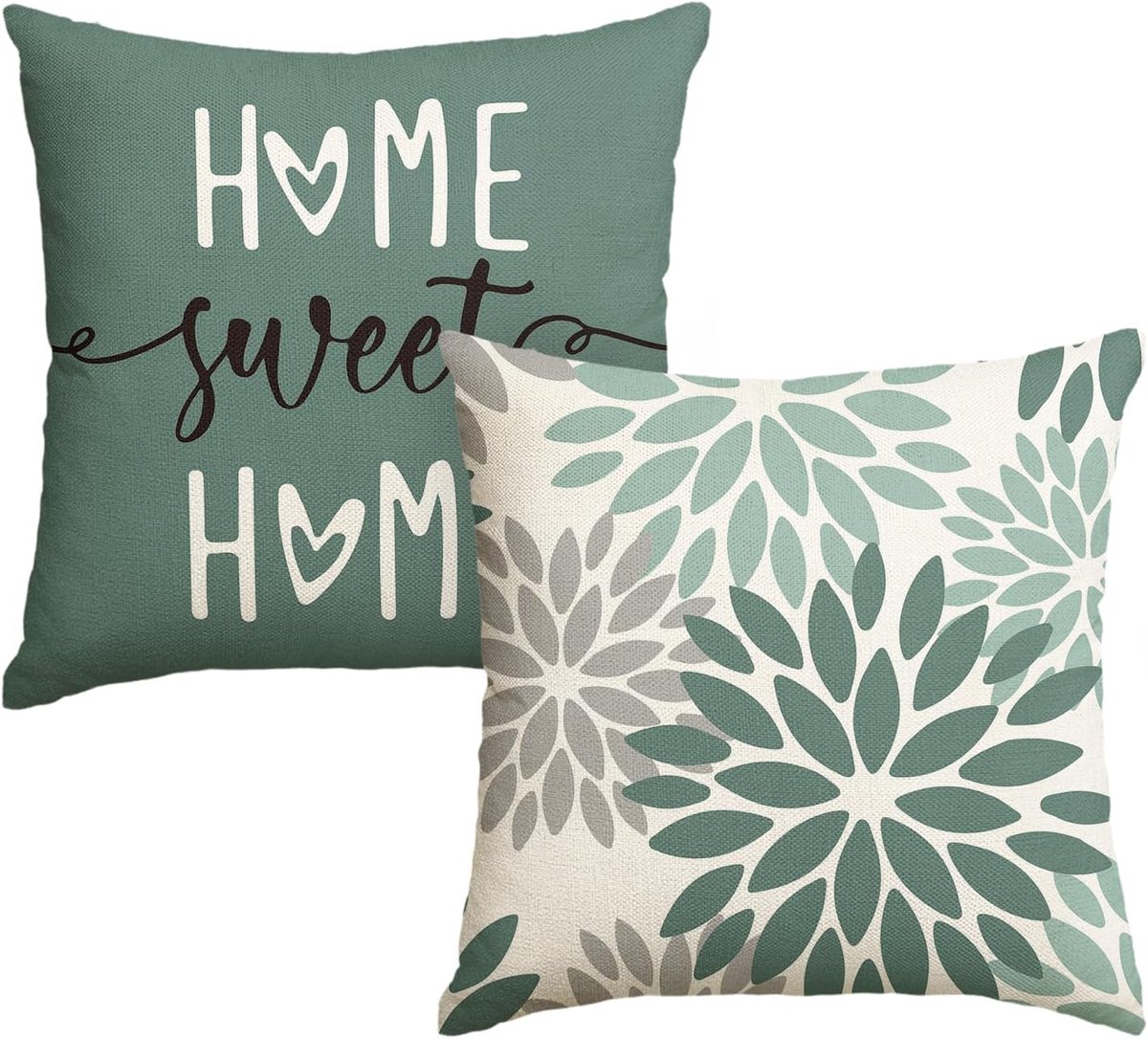 SnelShoppen - Set van 2 Watergroene Dahlia Bloemen Kussenhoezen 50x50cm - Luxe Polyester, Machinewasbaar, Perfect voor Sofa, Woonkamer, Buiten Decorat