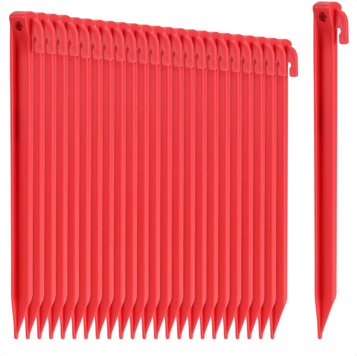 SnelShoppen - 24 x Plastic Tent Pegs - Grondankers voor Camping, Tuin, Strand - Haringpull Gat - Rode Grondankers - 30 cm