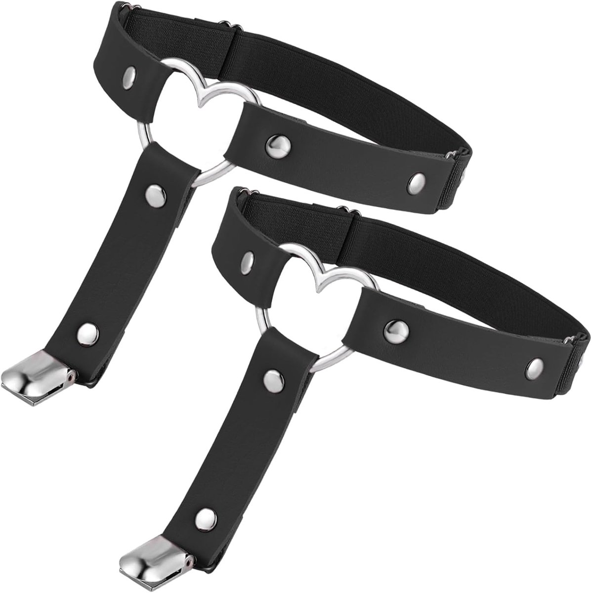 SnelShoppen - 2Pcs Dames Lederen Thigh Garter Hartvormige Verstelbare Been Garter met Clips Punk Goth Garters voor Dikke Kousen - Zwart