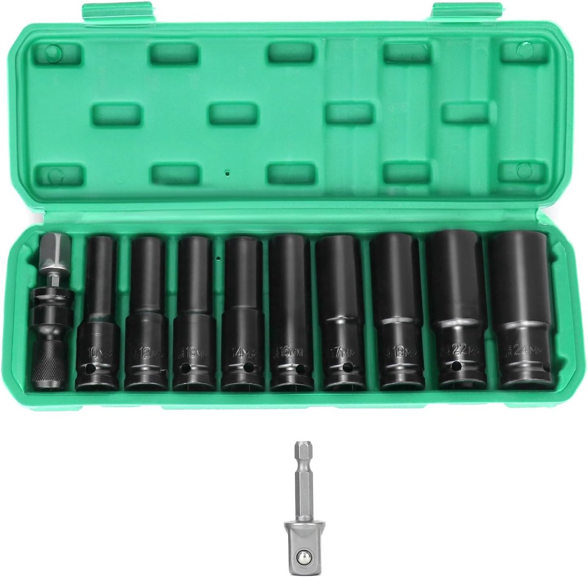 SnelShoppen - 11-delige Impactsleutel Set 1/2 Inch met Socket Adapters 1/4 Inch - Metrische Dopsleutel Set 10-24 mm voor Elektrische en Pneumatische B