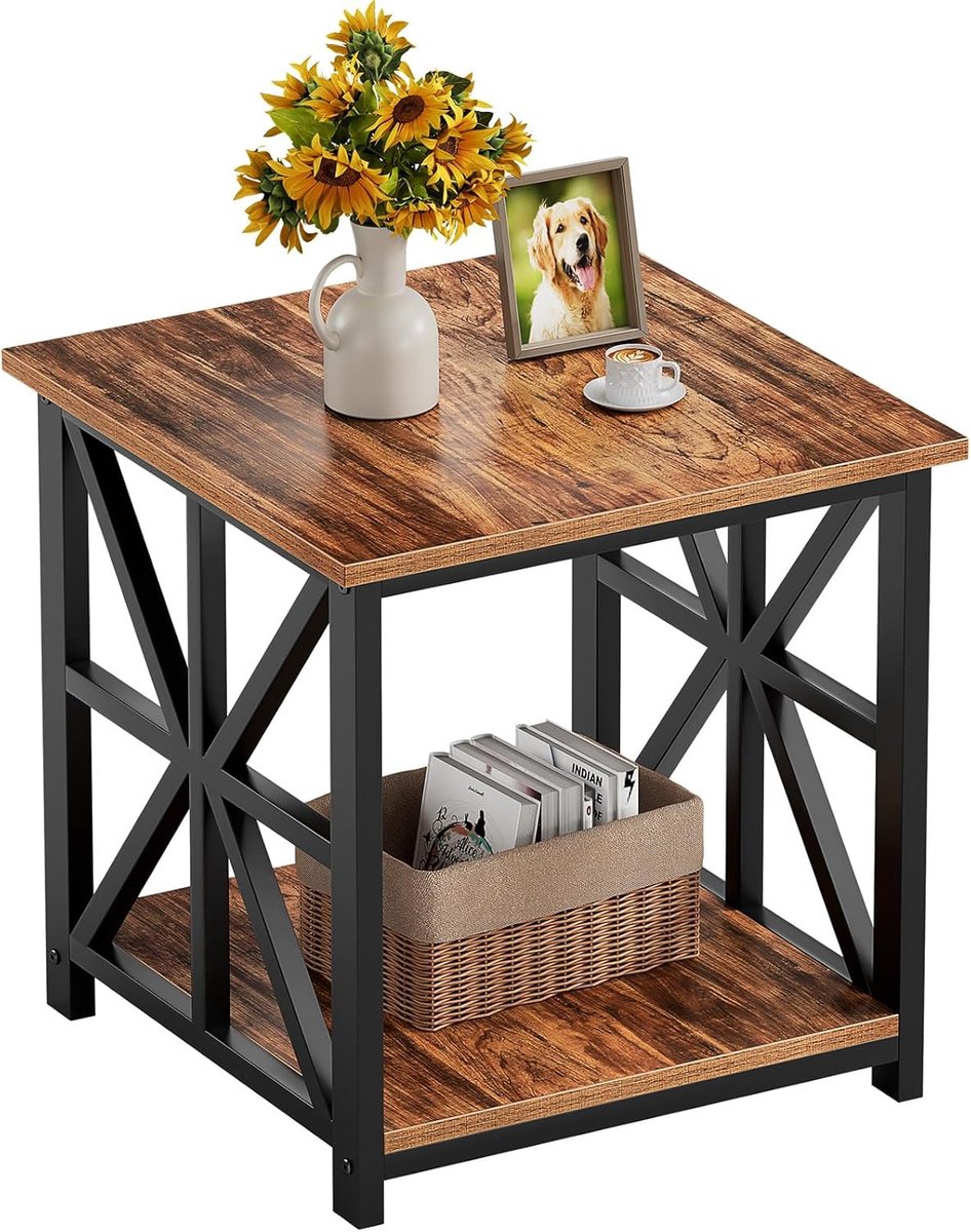 SnelShoppen - Modern Eindtafel met 2-Tier Opbergplank, 50cm Bijzettafel voor Woonkamer, Nachtkastje voor Slaapkamer en Kantoor, Walnoot Kleur, Functio